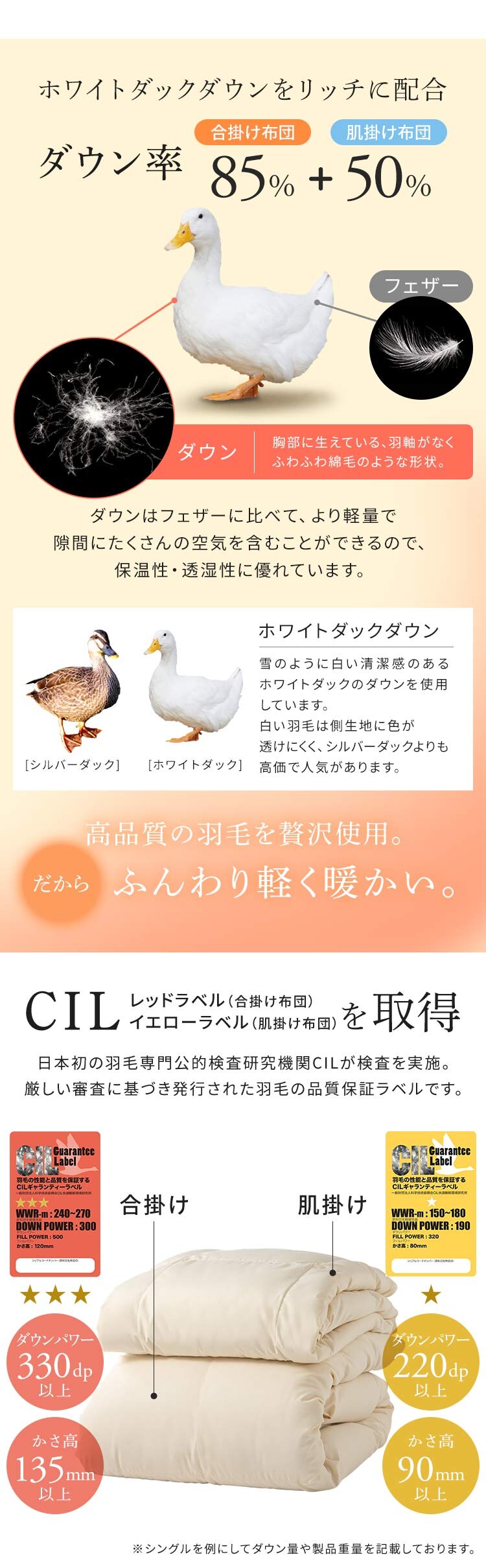 羽毛布団 2枚合わせ WDD50%・85% 0.5kg/1.1kg ダブルロング ベージュ 【直送】 【代引き不可】4
