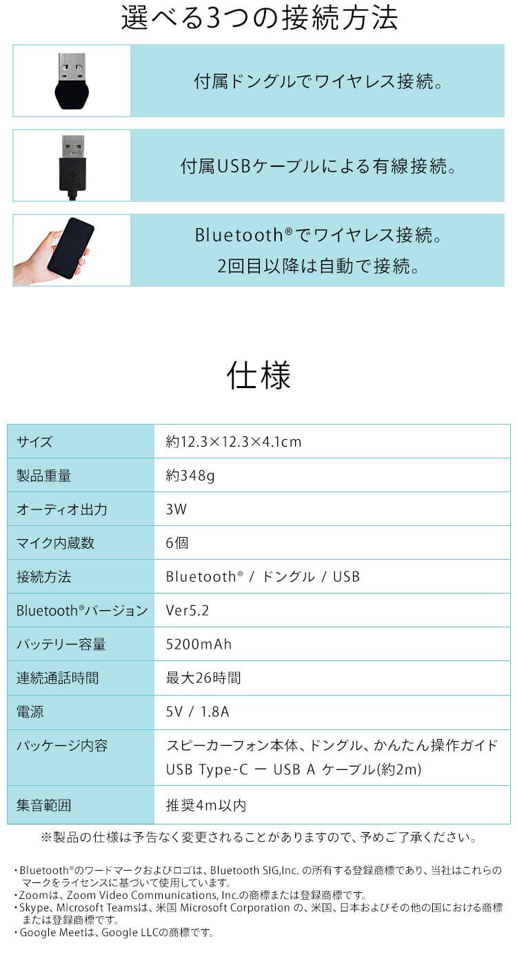 スピーカーフォン ワイヤレス/USB接続 USBドングル付属 CMS-201-B ブラック 3