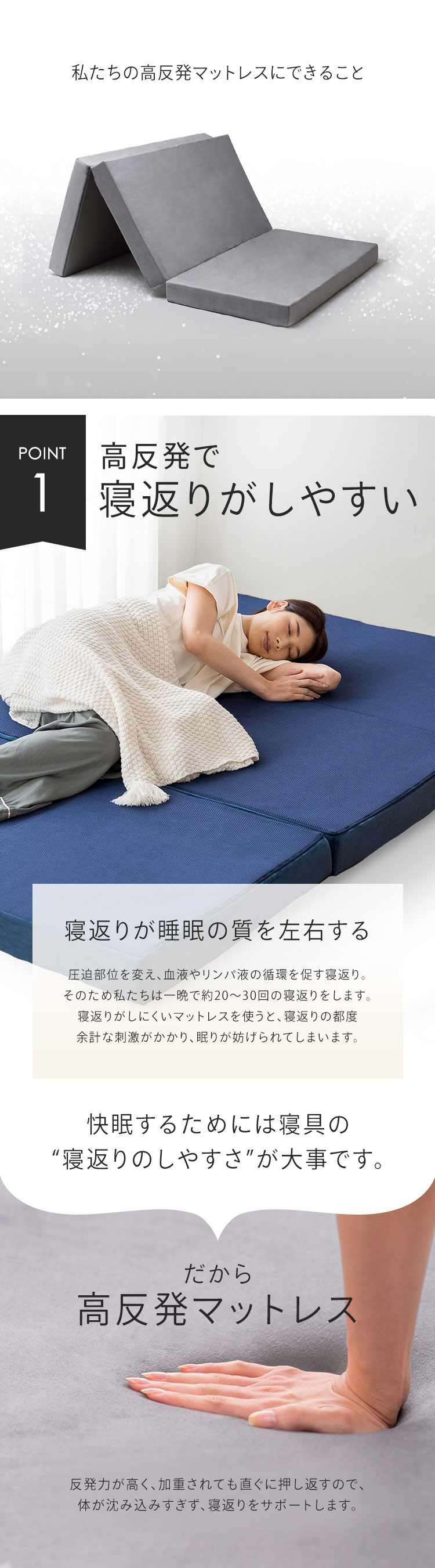 マットレス シングル 高反発 三つ折り 厚さ10cm グレー KUM3