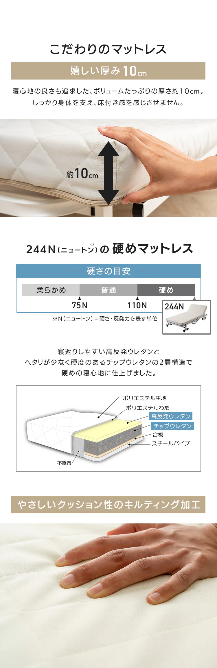 ベッド シングル 折り畳み 42段階リクライニング 厚さ10cm アイボリー6