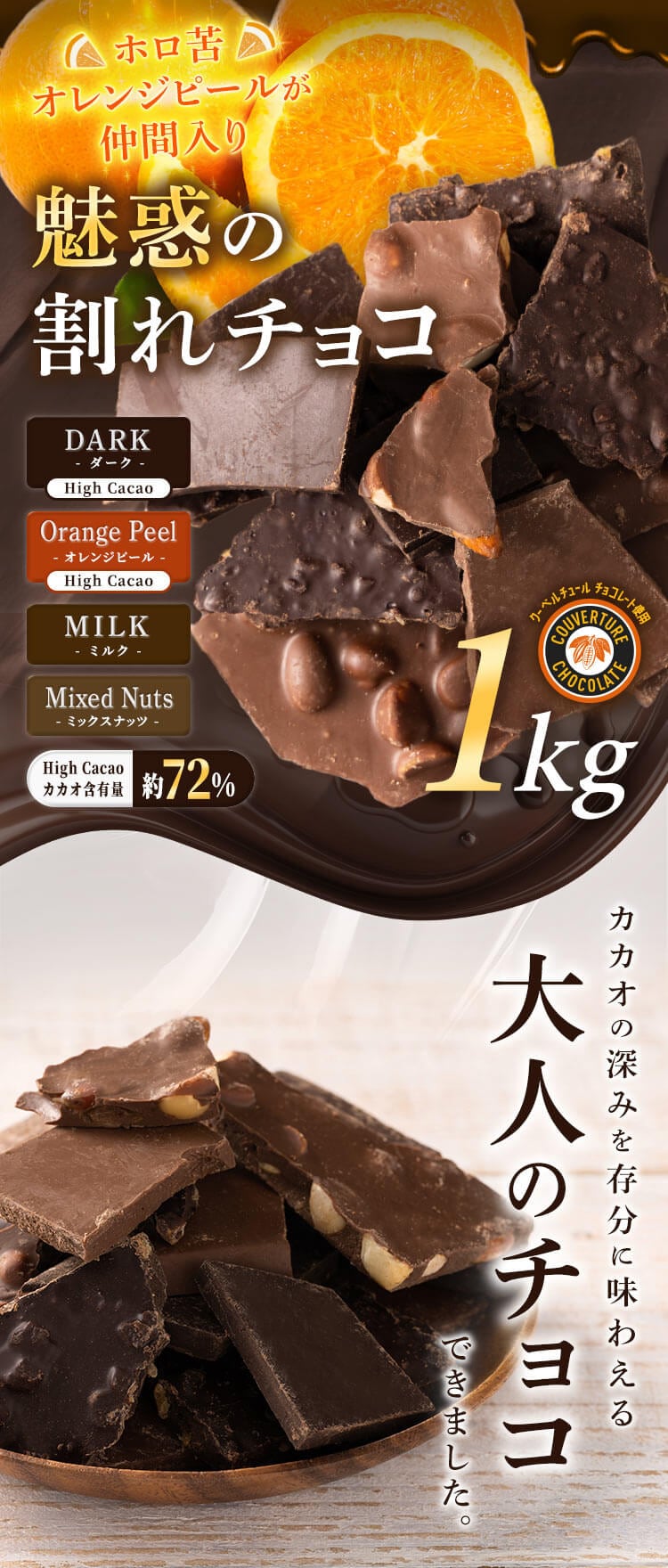 割れチョコダーク/ミルク/ミックスナッツ/オレンジピール（ソフト） 1kg 【プラザセレクト】  7251597│アイリスプラザ│アイリスオーヤマ公式通販サイト