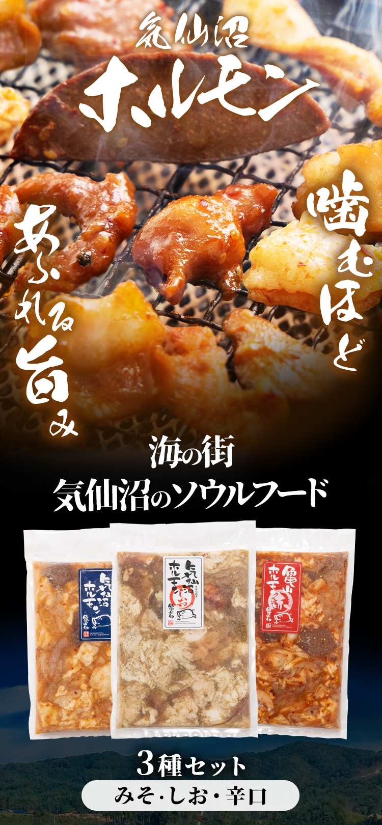 気仙沼ホルモン3種セット（みそ・しお・辛口） 【時間指定不可