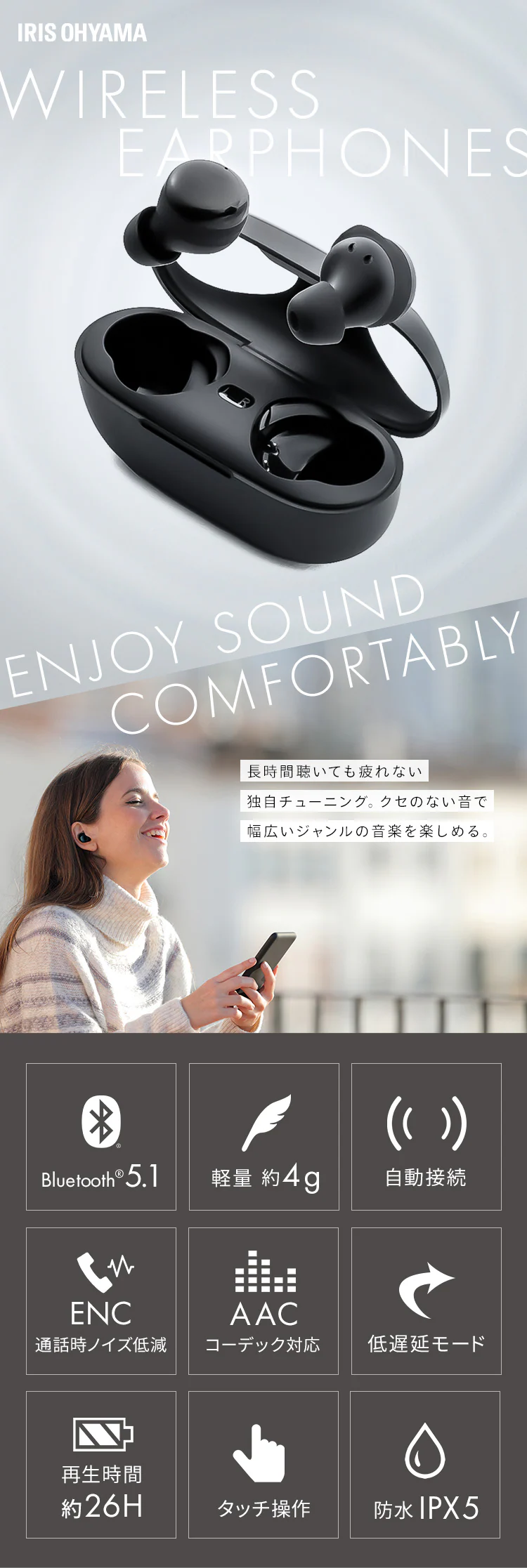 ワイヤレスイヤホン 連続使用26h 防水 WEP-103-B ブラック 0