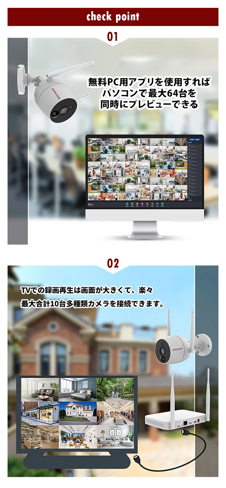 Wi-Fiネットワークカメラ10局レコーダーセット 白7