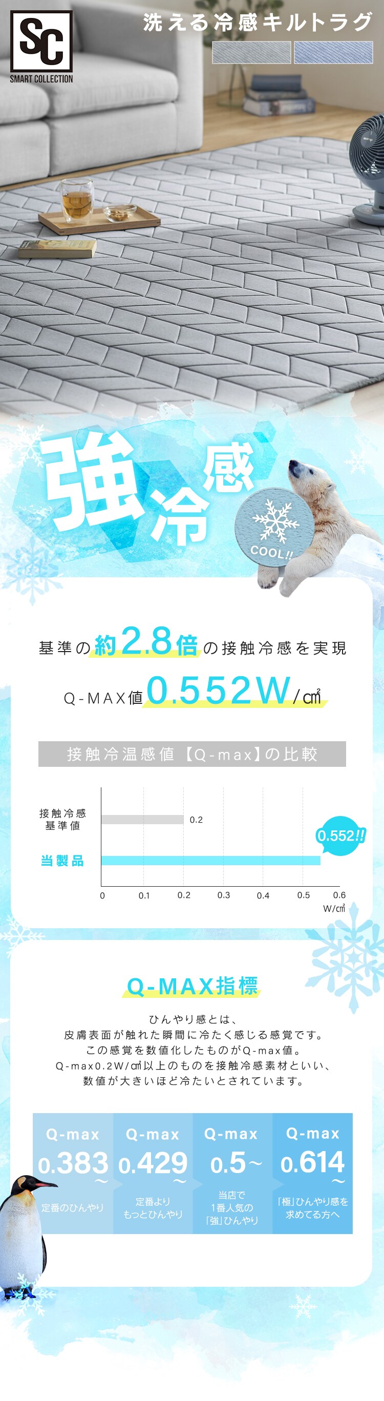 ラグ キルト 夏用 接触冷感 185×240cm QRC-1824 グレー 7256762