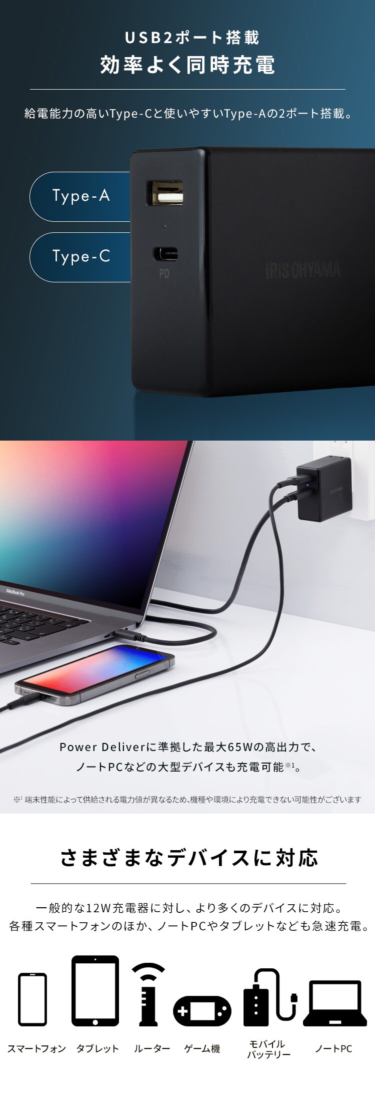  充電器 USB 2ポート IQC-C652-B ブラック (Type-A/ Type-C) 3