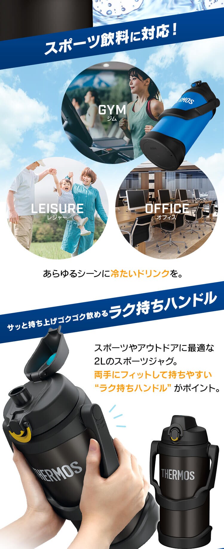 水筒  2000ml サーモス THERMOS 真空断熱スポーツジャグ 大容量 キッズ  FJQ-2000 ブラック(BK)【プラザセレクト】1