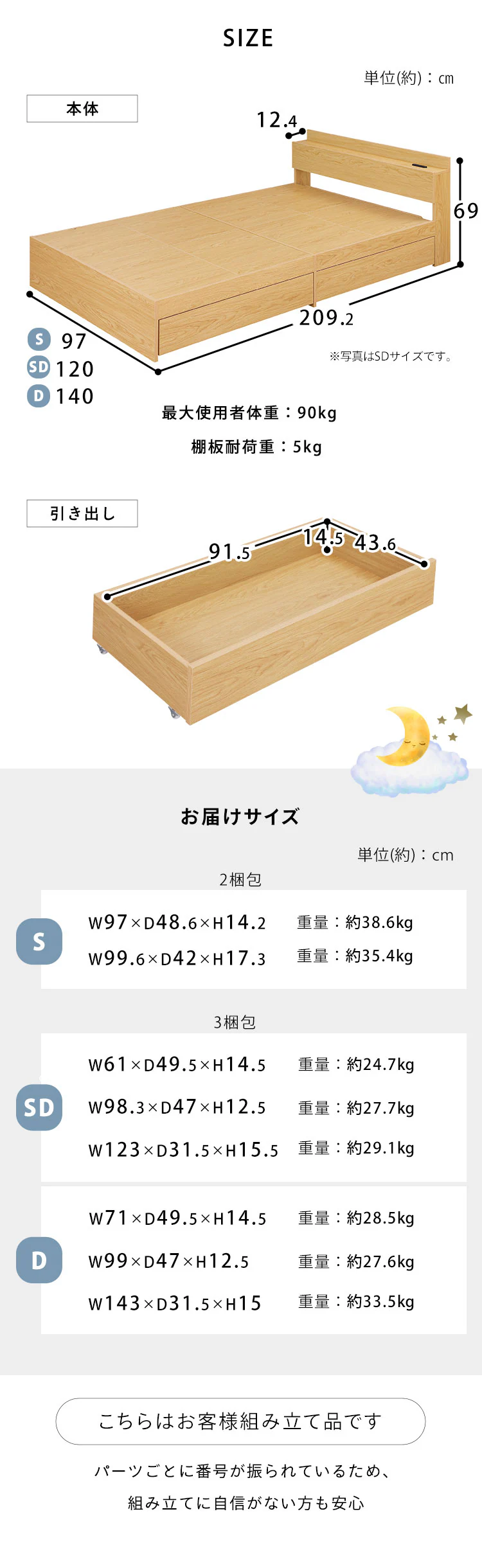 【マットレスセット】ベッド セミダブル 収納付き コンセント ブラウン+ポケットコイルマットレス 黒9