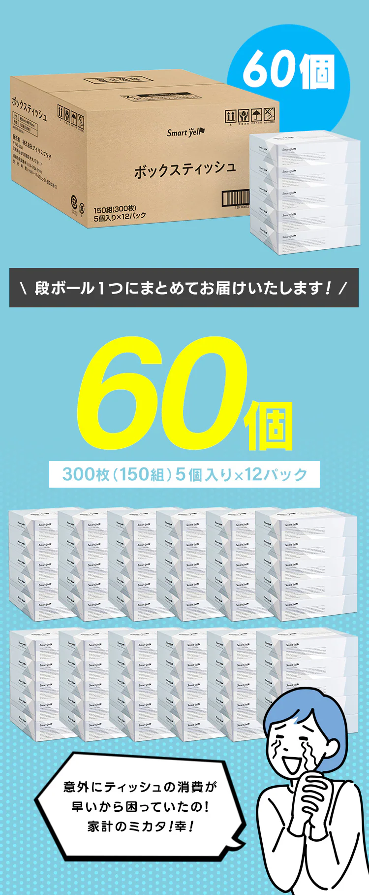 【60箱】 ティッシュ 300枚 (150組) 5箱×12 ユニバーサルペーパー1