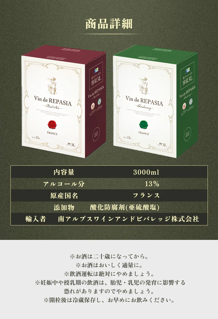 【訳あり】Vin de REPASIA Rouge フランス赤ワイン×2&白ワイン×2セット3L BIB 3