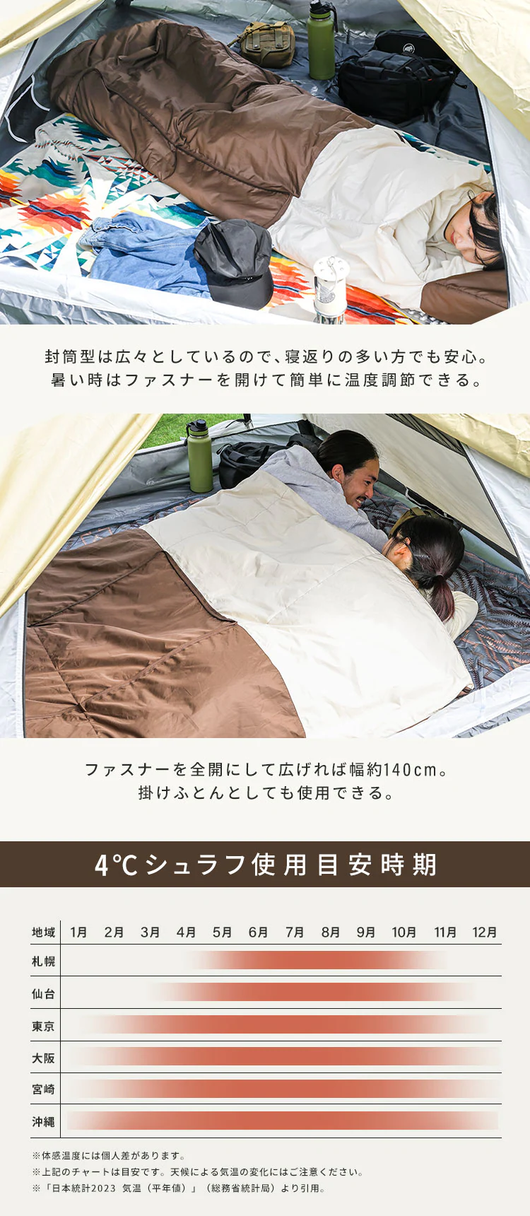 寝袋 3wayタイプ 撥水加工 封筒型 ブラウン X0017V キャンプ 寝具  3