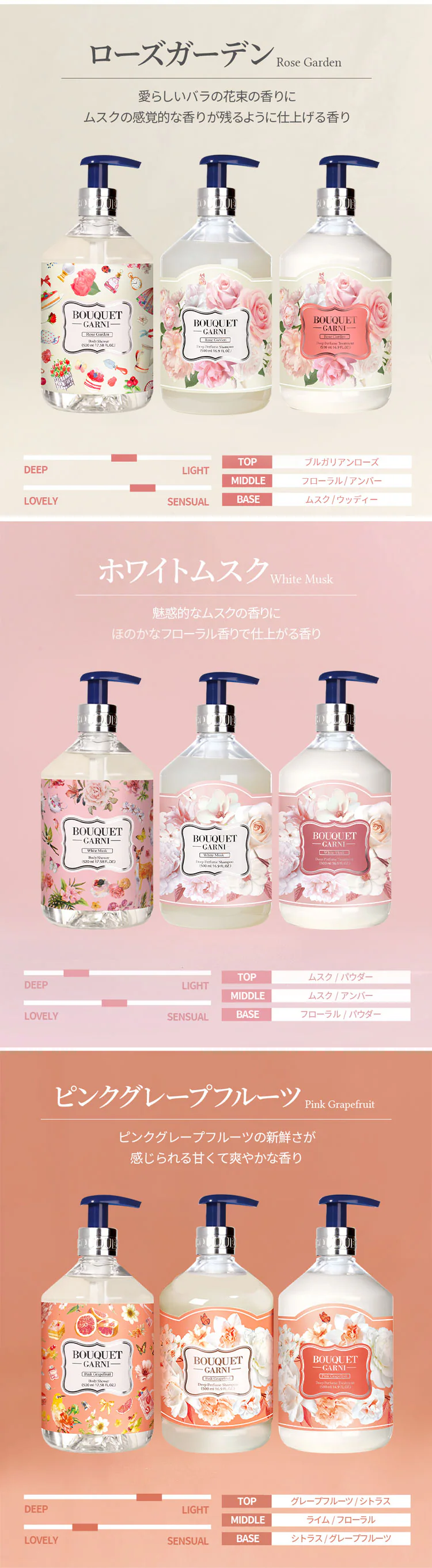 Bouquet Garni シャンプー+トリートメント+ボディシャワー ホワイトムスクの香り 各500ml 7