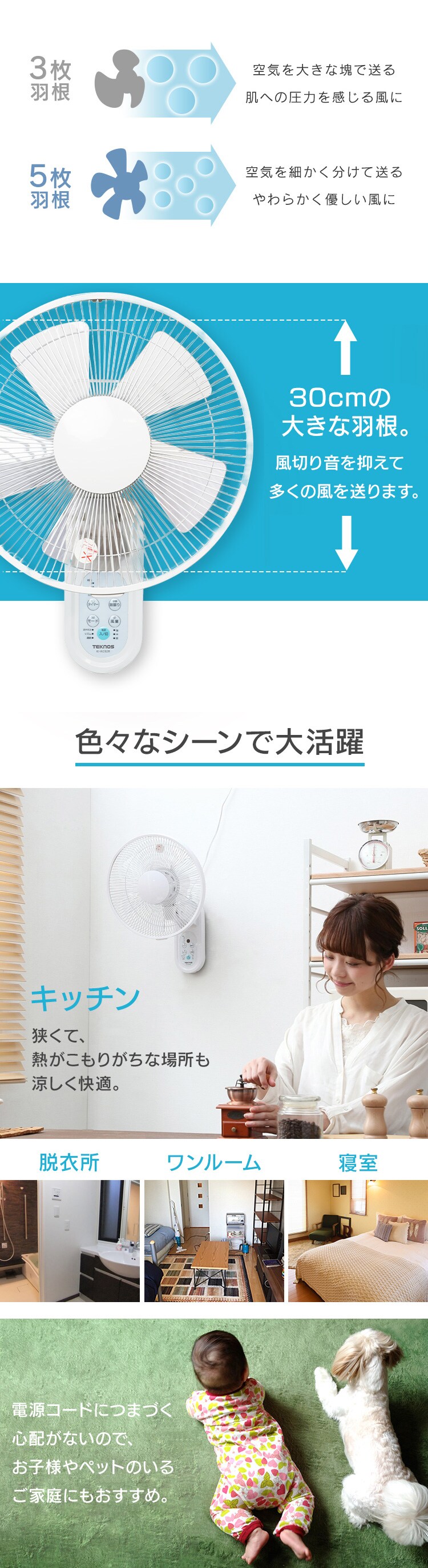 扇風機 壁掛け 左右首振り リモコン付 テクノス  IR-WF33R ホワイト1