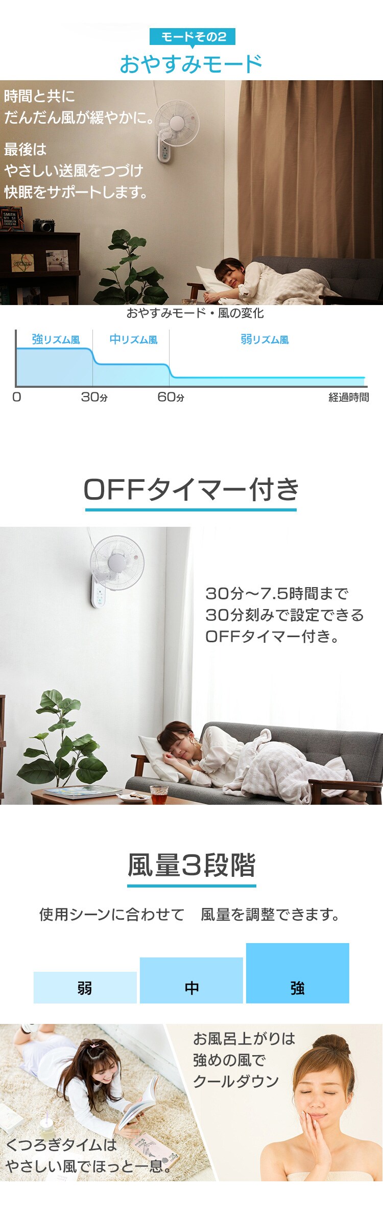 扇風機 壁掛け 左右首振り リモコン付 テクノス  IR-WF33R ホワイト3