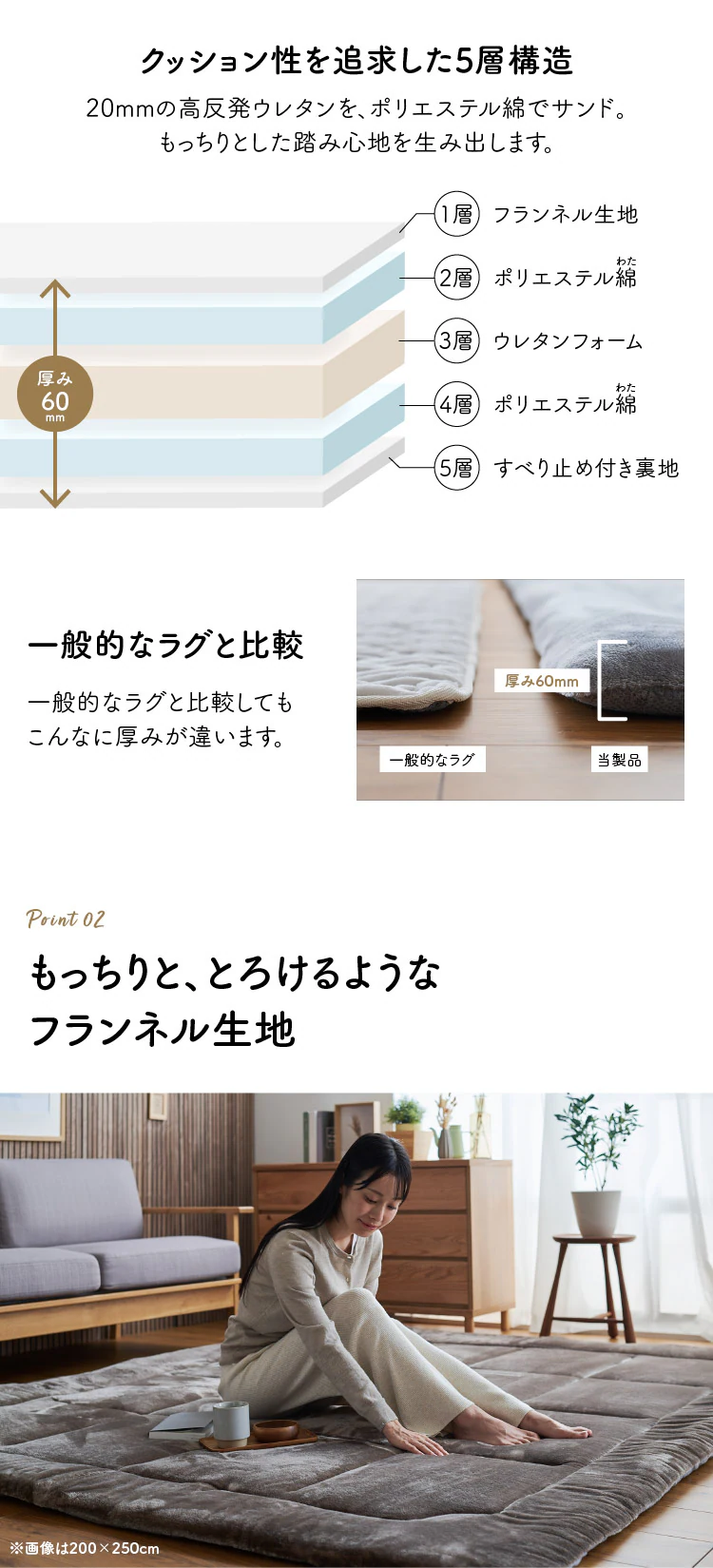 ラグ フランネル 超極厚 60mm 185×185cm モカブラウン【プラザセレクト】3