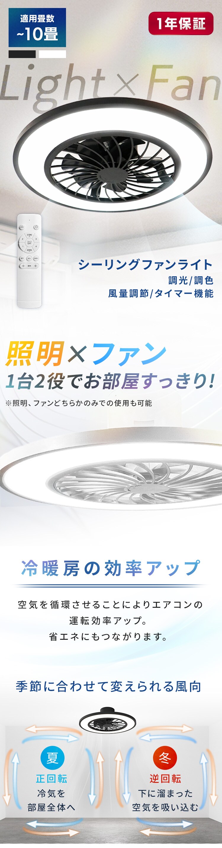 LED シーリングファンライト 10畳 調光 調色 リモコン付き 1年 LED シーリングファンライト 10畳 調光 調色 リモコン付き 1年