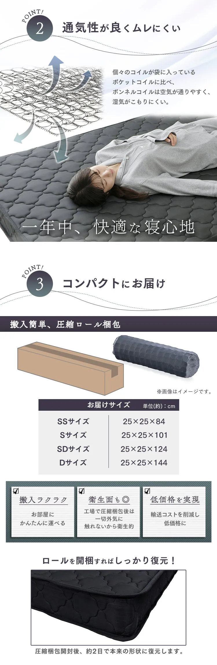 マットレス セミシングル ボンネルコイル 厚さ14cm ブラック5