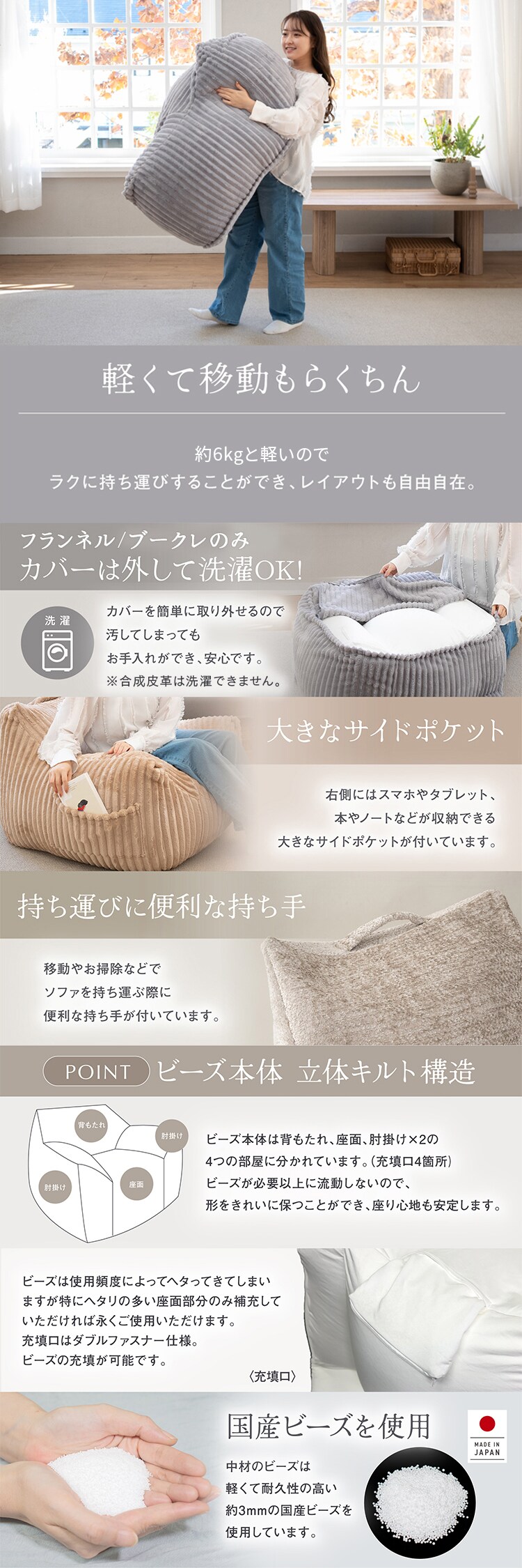 ソファ ビーズソファ 1人掛け クッション フロアソファ カバー洗濯可能  LNG-90K ブークレ/ホワイト【プラザセレクト】3