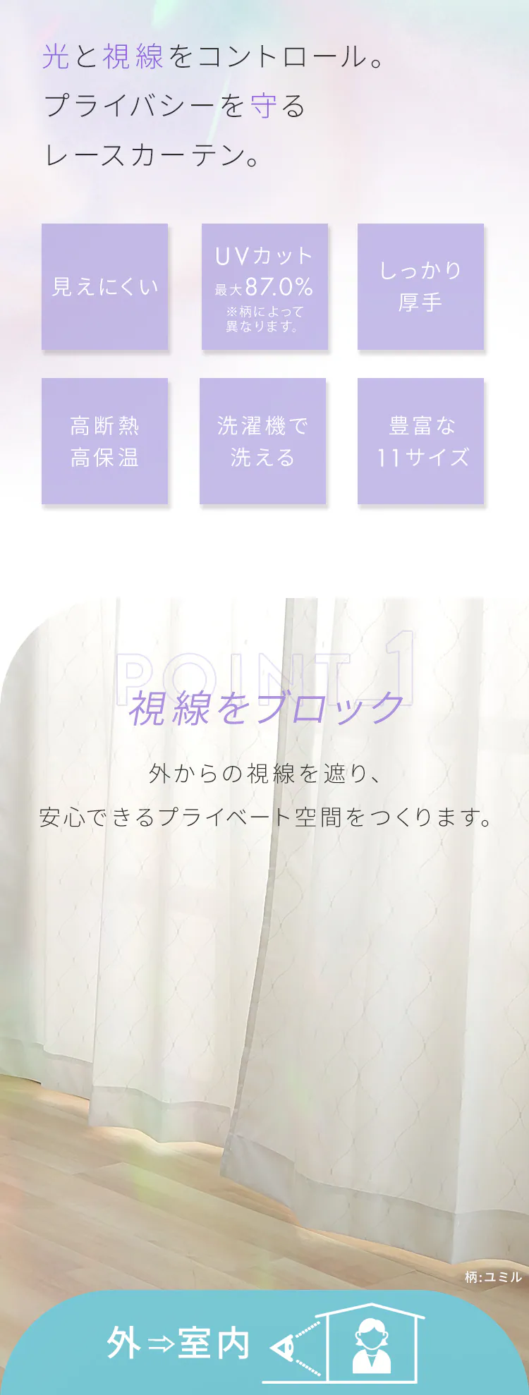 UVカットレース 3763 100×208cm/2枚組フラワー【プラザセレクト】1