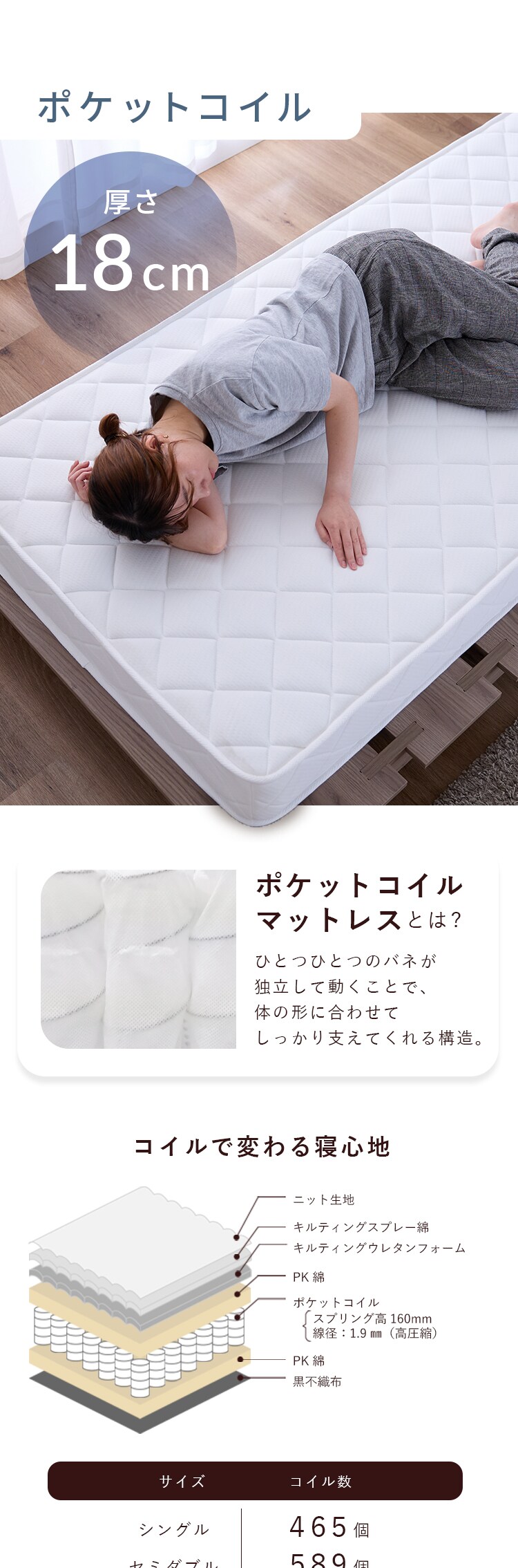 ステージベッド ポケットコイルマットレス セット SD グレージュ/(ボンネル)ブラック【プラザセレクト】4