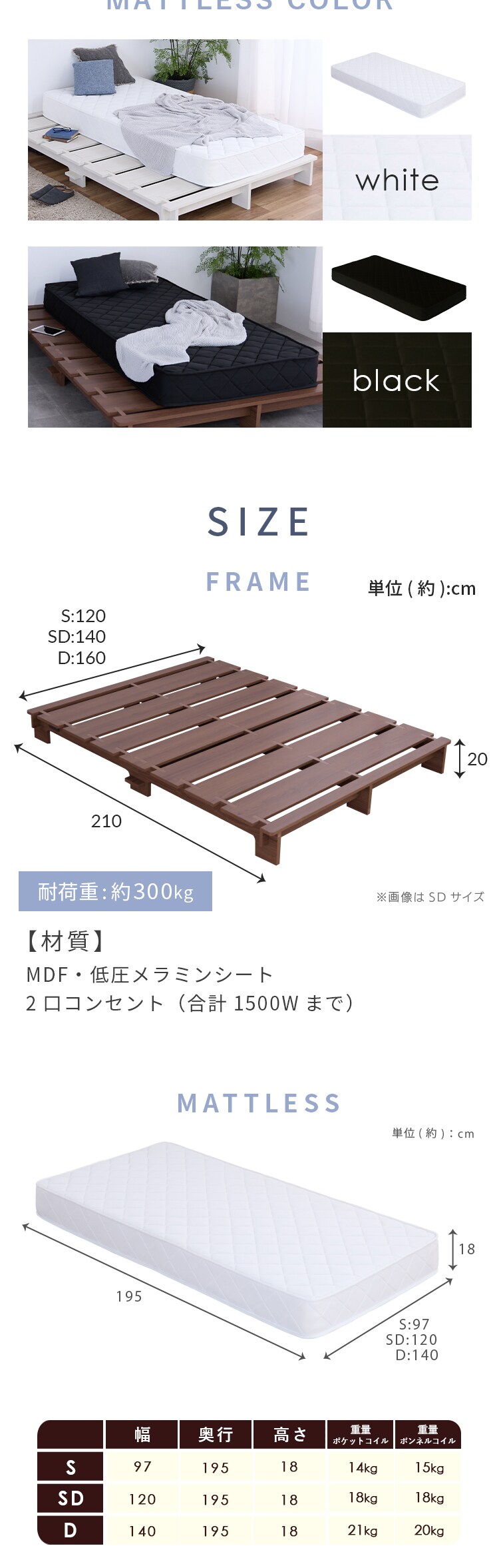 ステージベッド ポケットコイルマットレス セット SD グレージュ/(ボンネル)ブラック【プラザセレクト】6