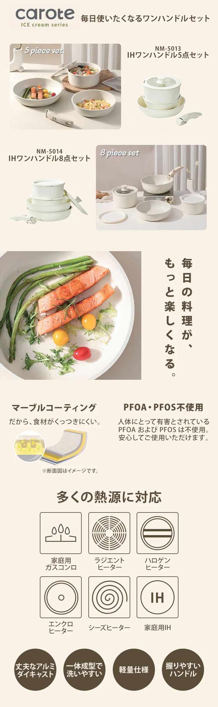 LIV PLUS CAROTE(カローテ) フライパン ポット ガラス蓋 取っ手 IH ガス火対応 アイボリー NM-5013 ICE cream ベストコ アイボリー NM-5013 【プラザセレクト】0