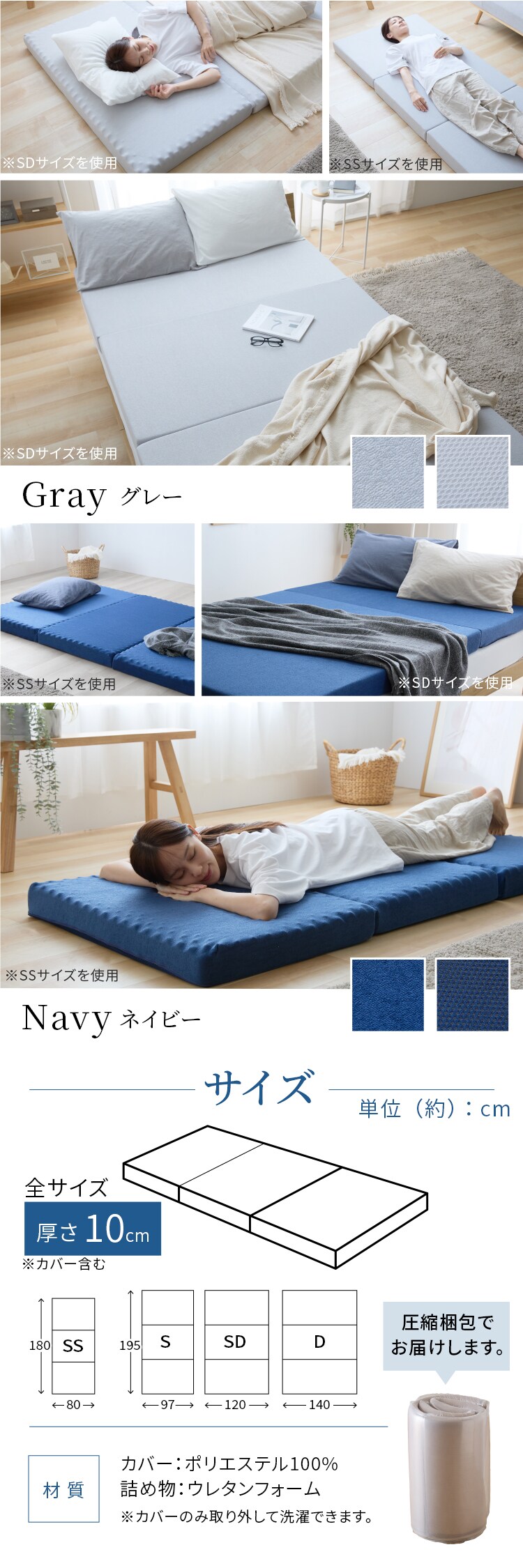 3つ折りマットレス・プロファイルタイプ シングル ネイビー【プラザセレクト】3