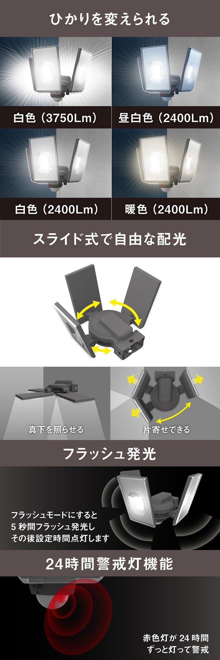 ３灯スライド型センサーライト　AC電源式 ブラック LED-AC3050 1