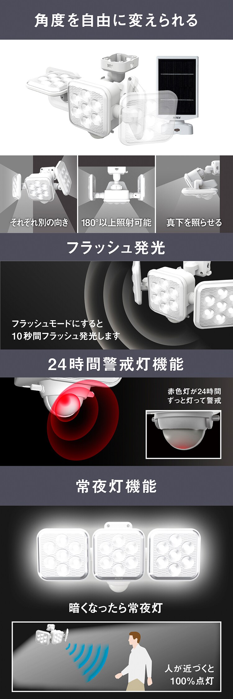 ３灯フリーアームセンサーライト　ソーラー式 ホワイト S-330L 1