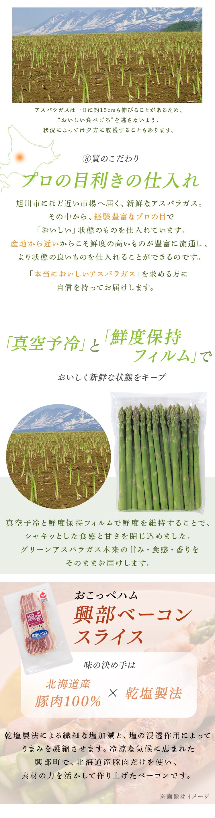 北海道産グリーンアスパラガス500ｇ、興部ベーコンスライス80ｇ&times;2（北海道産豚肉使用） 【時間指定不可】【代引不可】【同梱不可】2