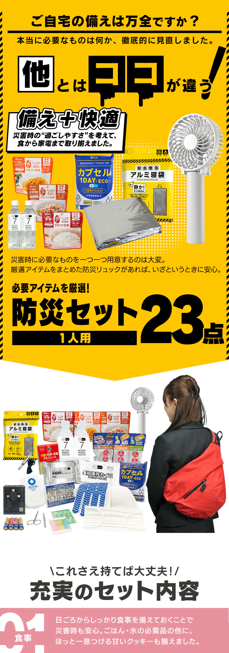 防災グッズ セット 23点 防災セット 1人用 防災 避難グッズ ハンディファン カイロ 保存水 非常食 防災用品 非常用トイレ 一人用0