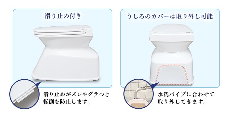 滑り止め付きで、水洗パイプに合わせてうしろのカバーは取り外し可能
