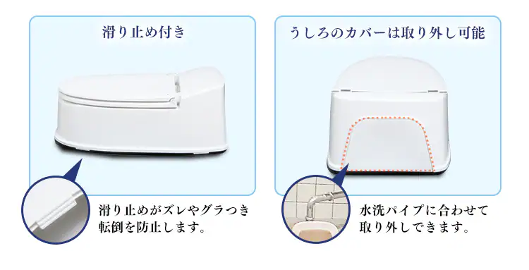 滑り止め付きで、水洗パイプに合わせてうしろのカバーは取り外し可能