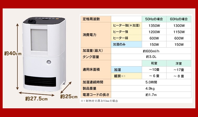 加湿機能付き人感セラミックヒーター SHH-121の仕様