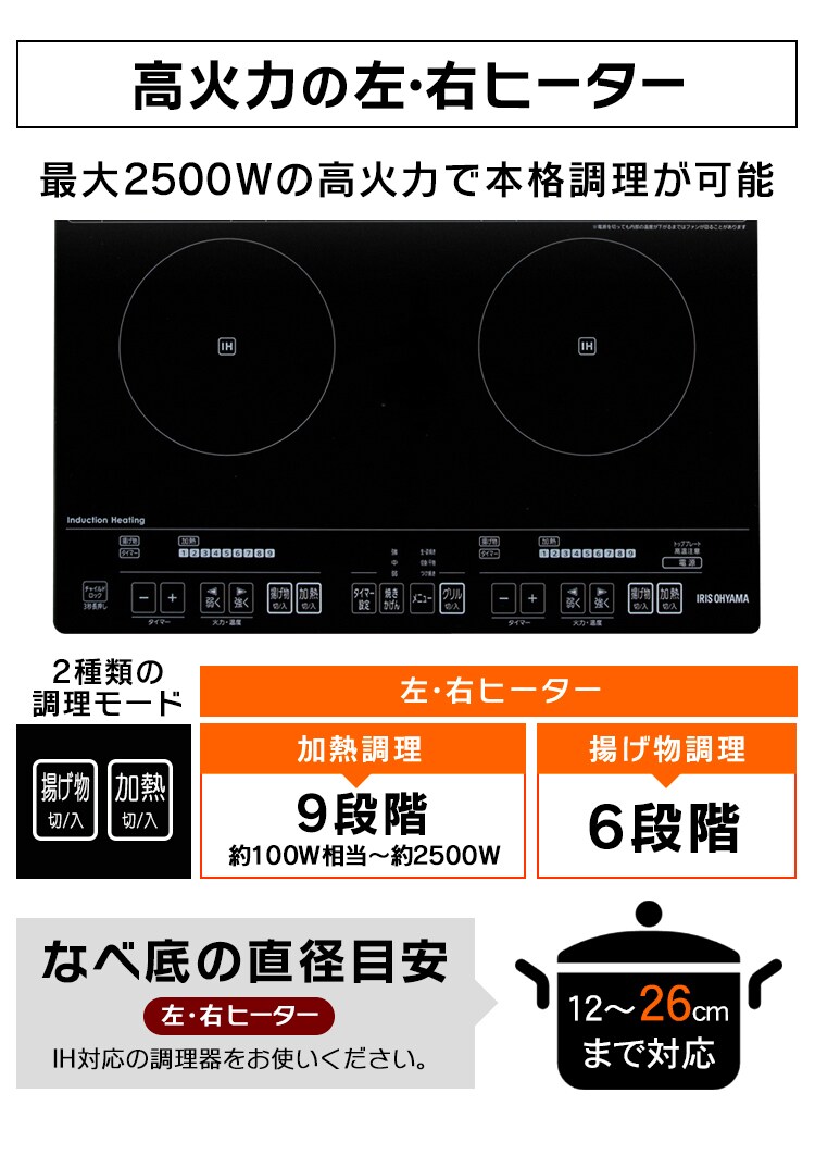 IHクッキングヒーター 2口 2500W IHコンロ 一人暮らし IH調理器 2口IHコンロ 据置型 IHC-SG221 ブラック3