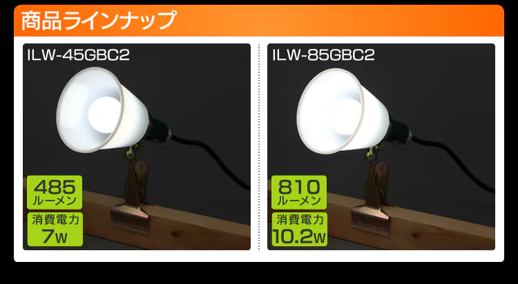 ワークライト LED クリップライト 防滴型 投光器 40形相当 作業灯 485lm ILW-45GBC26