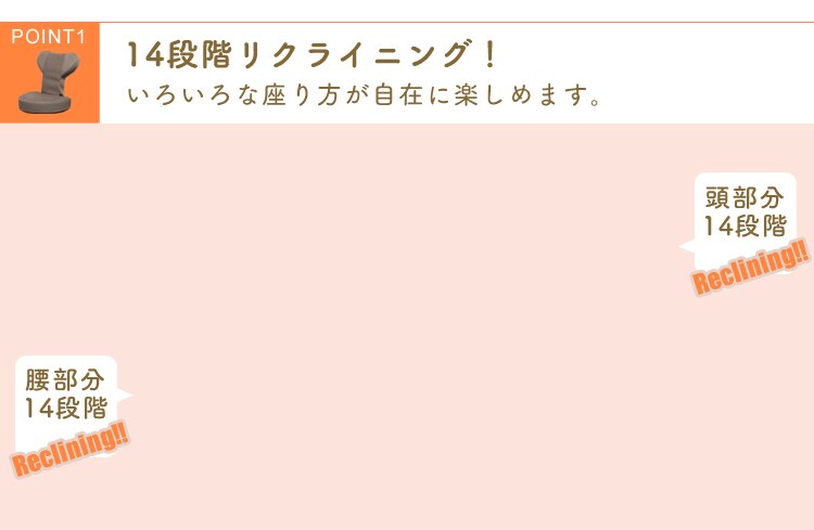 14段階リクライニング。いろいろな座り方が自在に楽しめます。頭部分14段階、腰部分14段階リクライニング。