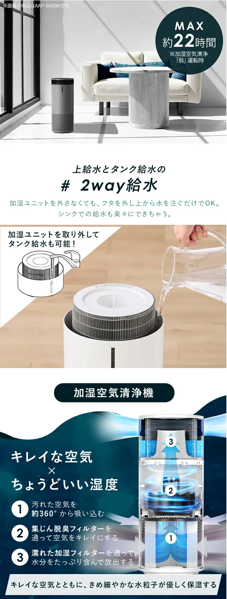 空気清浄機 30畳 円柱型 静音 大畳数 切タイマー シンプル お手入れ簡単 AAP-S60B-W ホワイト3