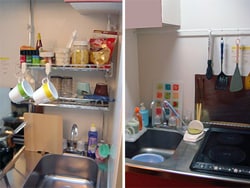 縦に突っ張るラックを使うと調味料を置くスペースがつくれる。左右の壁に突っ張るだけでも小物が吊るせる。