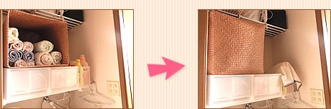 横置きにしたかご×タオル → 立てると目隠しに
