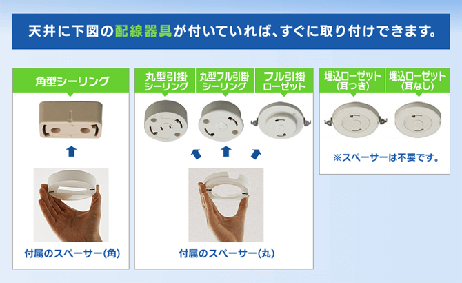 LEDシーリングライトが取り付けられる引掛けシーリング・ローゼット