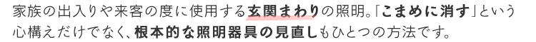家族の出入りや来客の度に使用する玄関まわりの照明。「こまめに消す」という心構えだけでなく、根本的な照明器具の見直しもひとつの方法です。