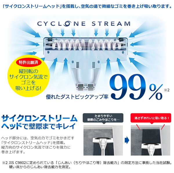 「サイクロンストリームヘッド」が空気の渦で強力集塵