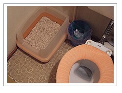 猫と人のトイレが並んでます。流せる砂は大変便利。