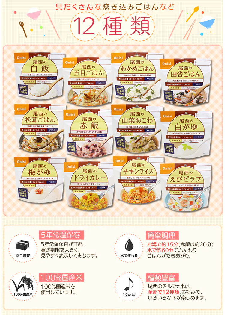 【12食セット】 アルファ米 尾西食品 和食メニュー 4種類×各3食(五目ごはん・わかめごはん・山菜おこわ・赤飯) AY 1