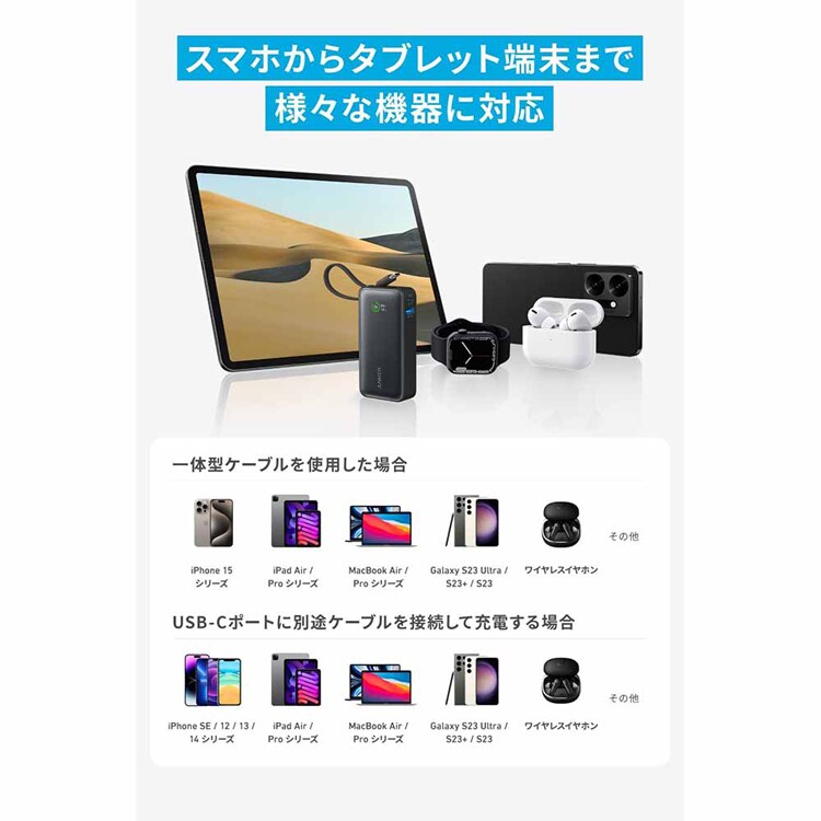 Anker アンカー Nano Power Bank(30W, Built-In USB-C Cable) A1259N 【プラザセレクト】