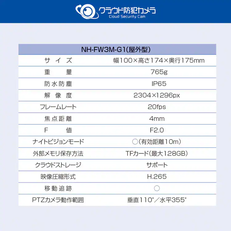 クラウド防犯カメラ 屋外型 NH-FW3M-G1