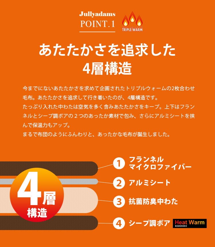 トリプルウォームシングルマイクロファイバーフランネルシープ調ボアHeatWarm吸湿発熱機能アルミシート入り寝具静電気抑制秋冬冬用J.ATripleWarmわた入りブランケットSメルクロス