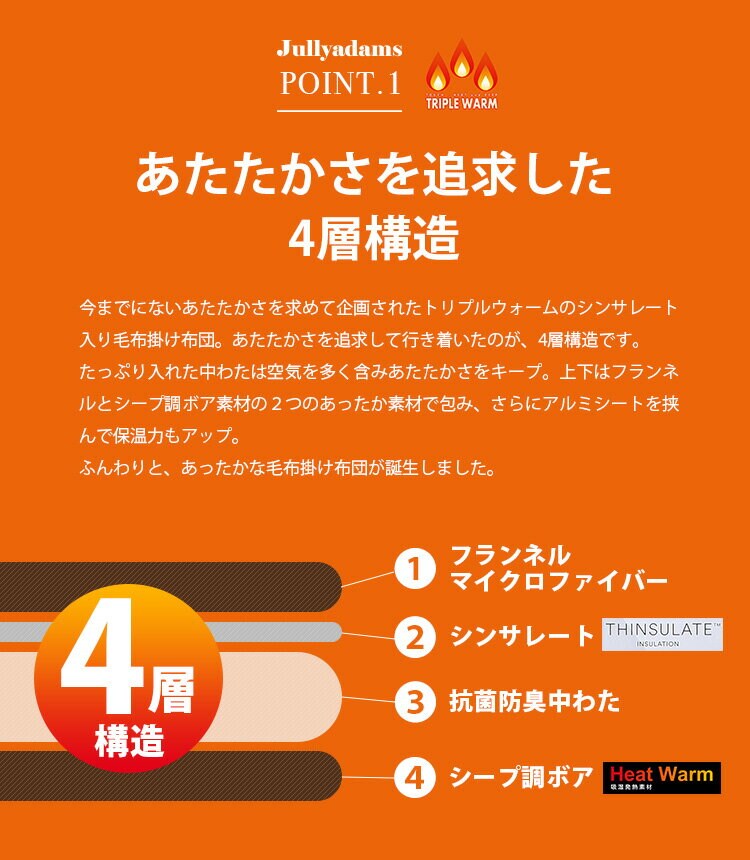トリプルウォームシングルマイクロファイバーフランネルシープ調ボアHeatWarm吸湿発熱機能アルミシート入りシンサレート寝具静電気抑制秋冬冬用J.ATripleWarm毛布掛けふとんSメルクロス 