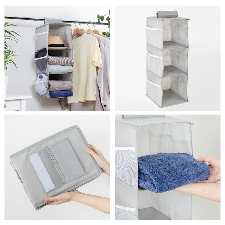 吊り下げ収納衣類ラック 3段 グレー